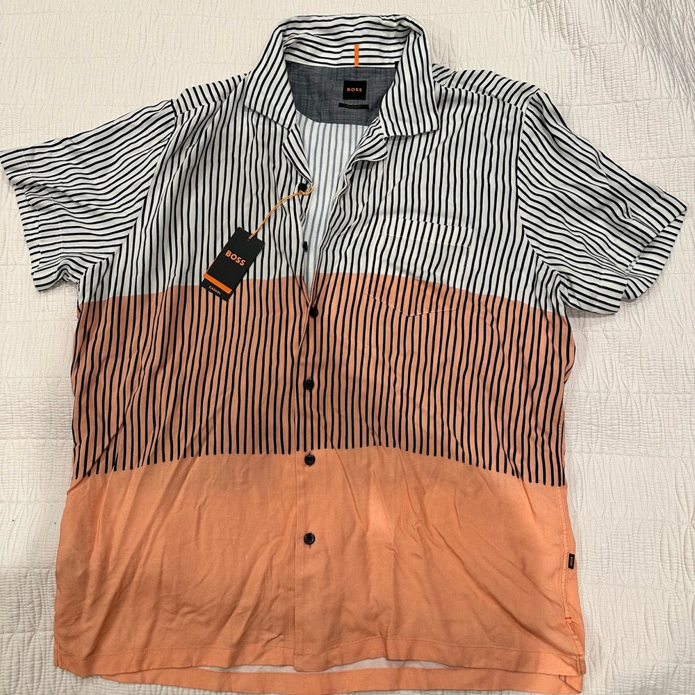 Boss Men's Casual Striped Shirt in Orange and Black - Size XL